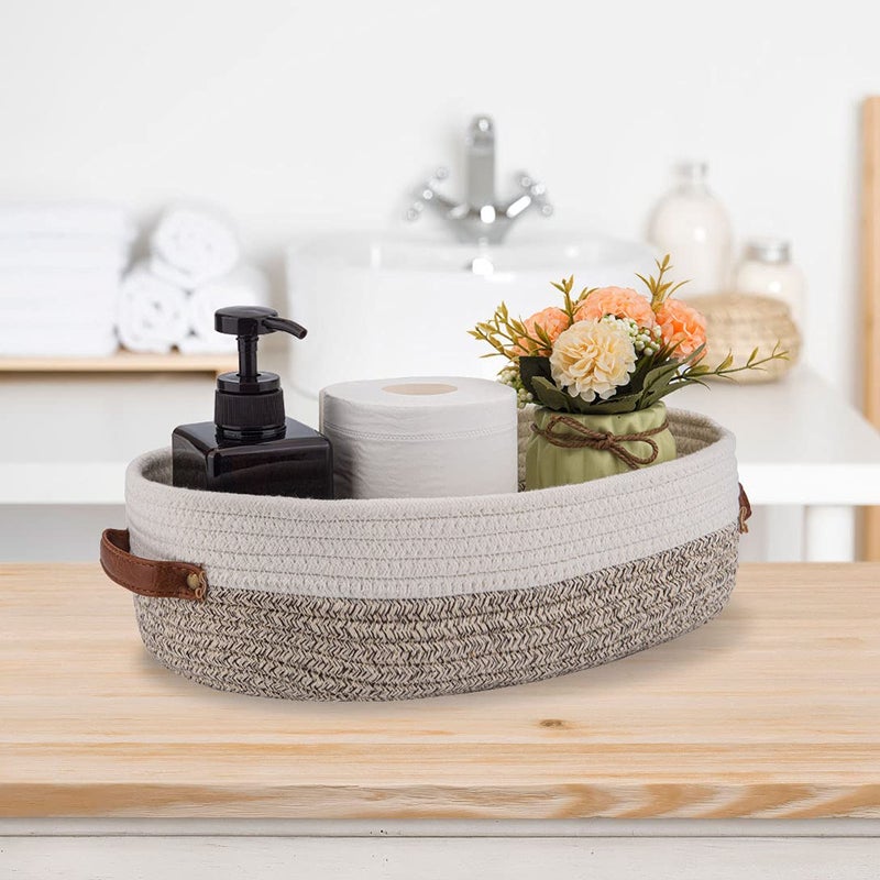 Oradrem Woven Storage Basket for Toilet Tank Top Farmhouse Home Decor Organizing Basket for Bathroom Table and Counter 13""x5.9""x4"" Apricot Stitching White - Image 2